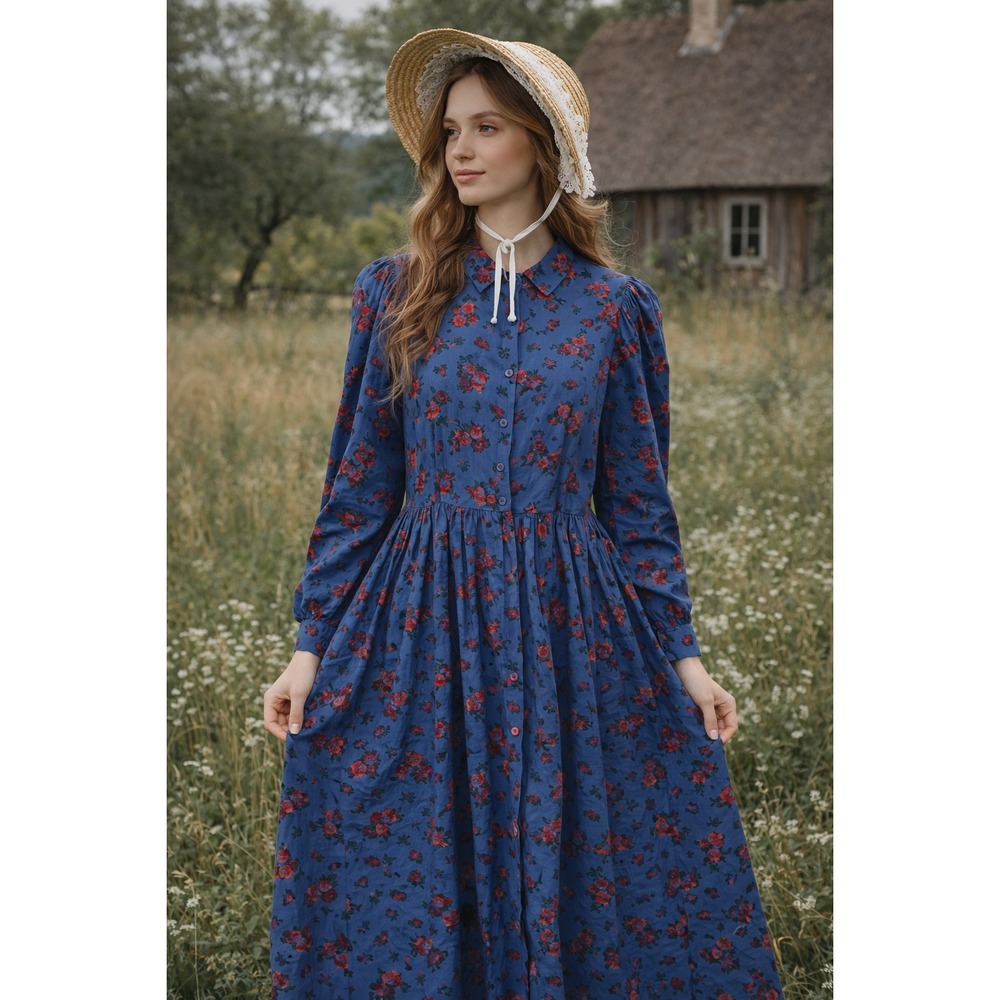 Laura Ashley Vintage Blue Floral Cotton Maxi Dress Puff Sleeve Ireland 10
